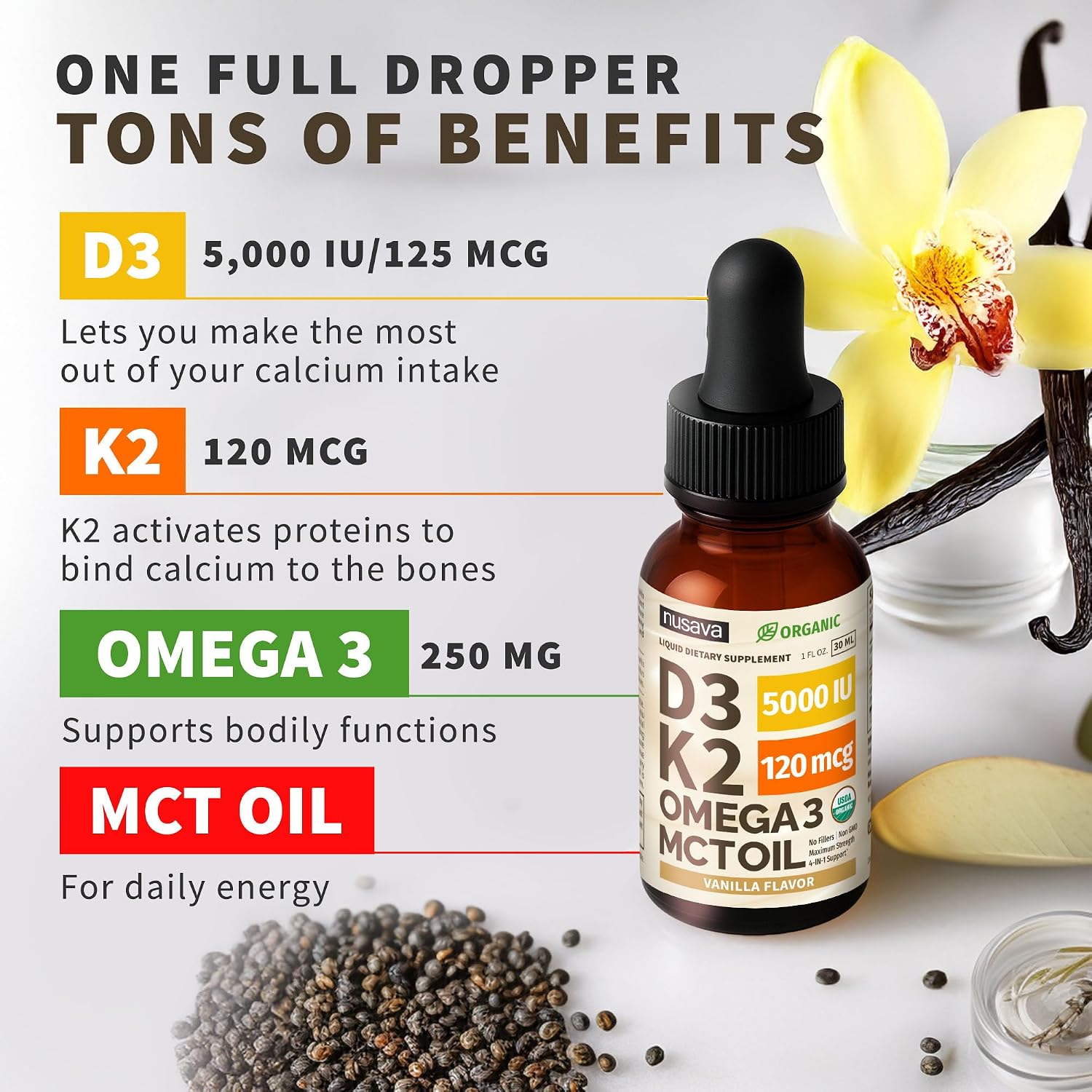 Nusava Organic Vitamin D3 K2 Drops with MCT Oil, Unflavored, Pack of 2