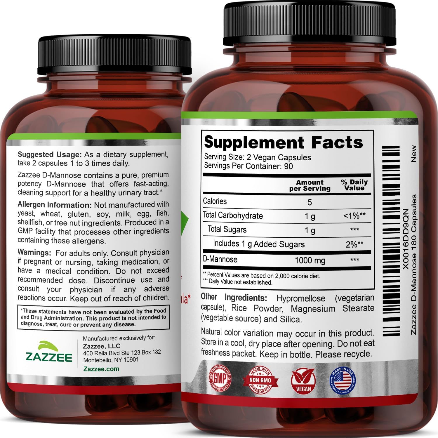 Zazzee D-Mannose, 1000 mg per Serving, 180 Vegan Capsules, 3 Month Supply | Potent & Fast-Acting, Certified Kosher, 100% Pure, All-Natural Urinary Tract Health Support, 100% Vegetarian, Non-GMO