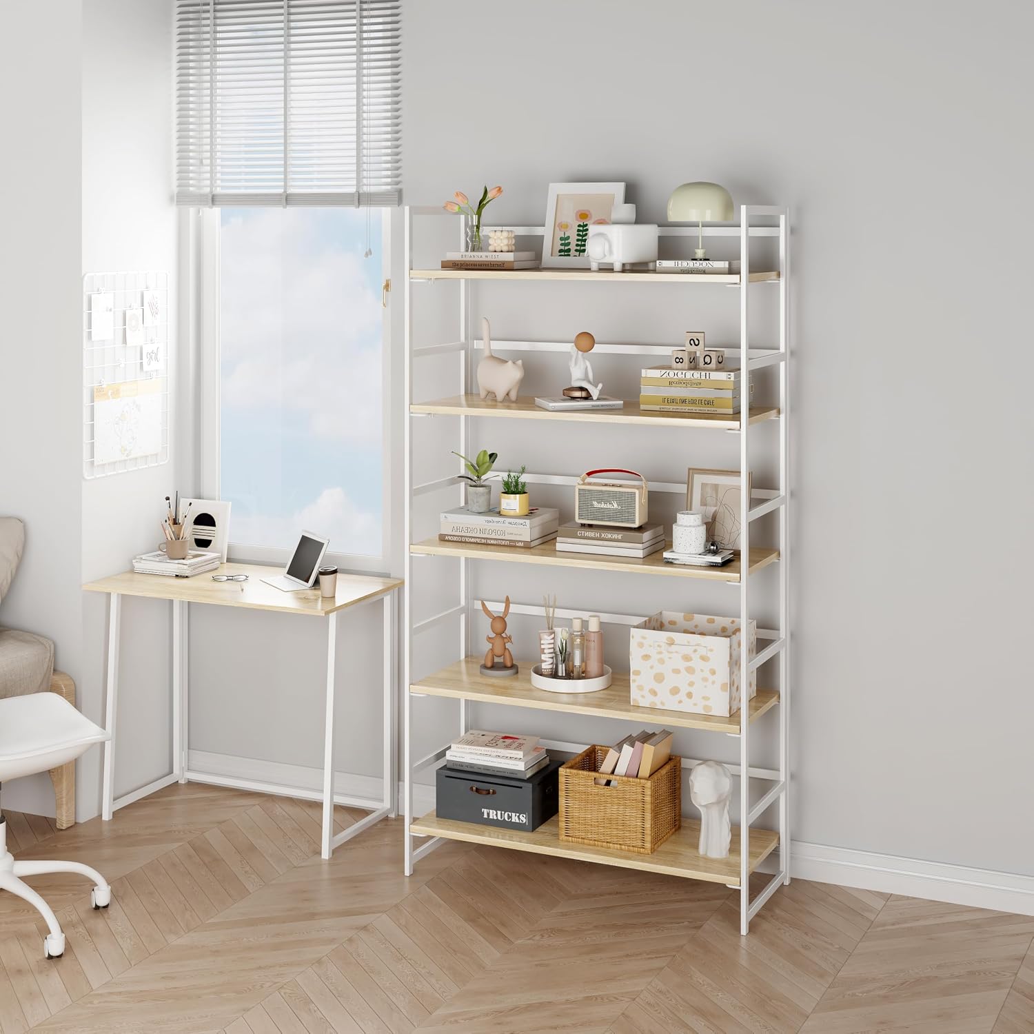 Vintage Multifunctional Folding Bookshelf, No-Assembly Plant Stand Storage Rack Shelves for Home Office (Fire, 5-Tier)