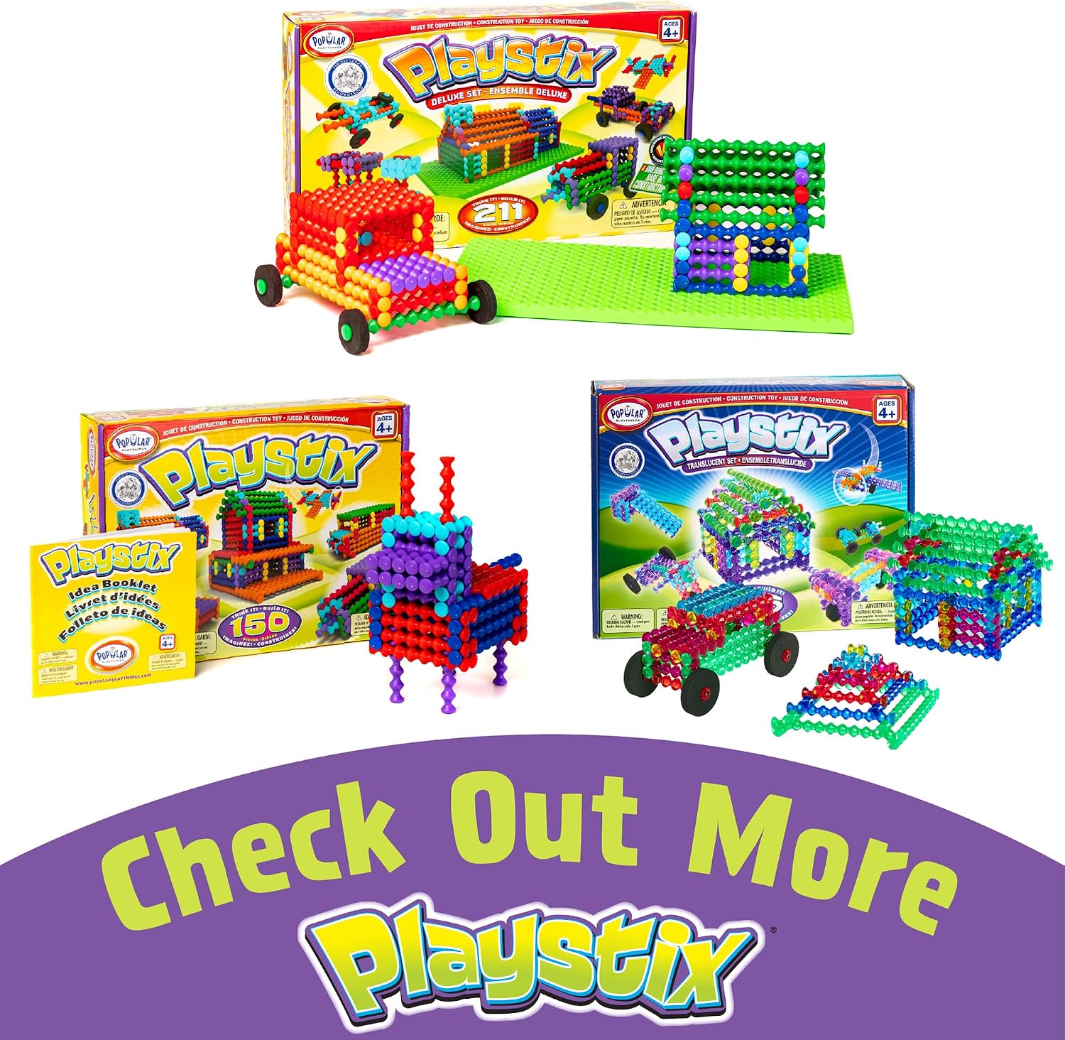 POPULAR PLAYTHINGS Playstix Construction Toy Set, 150 Piece Kit | for Kids Ages 4 and Up, Building Sticks for STEM and Classroom Use