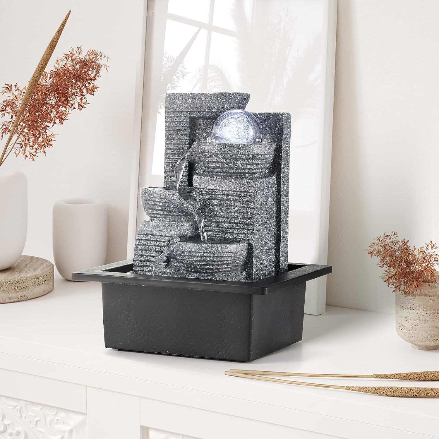WICHEMI Indoor Water Fountain Tabletop Fountain Stacked Rock with LED Light | Relaxing Water Feature, Meditation Fountain, Soothing Sound, Stress Relief, For Home Office Bedroom Decor, 7.8"x7.8"x7.9"