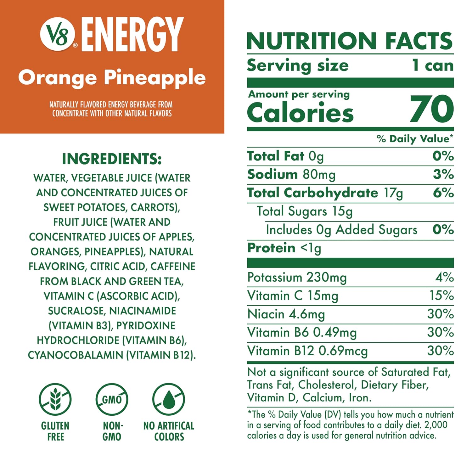 V8 Energy Orange Pineapple Energy Drink, 11.5 fl oz Can (12 Pack)