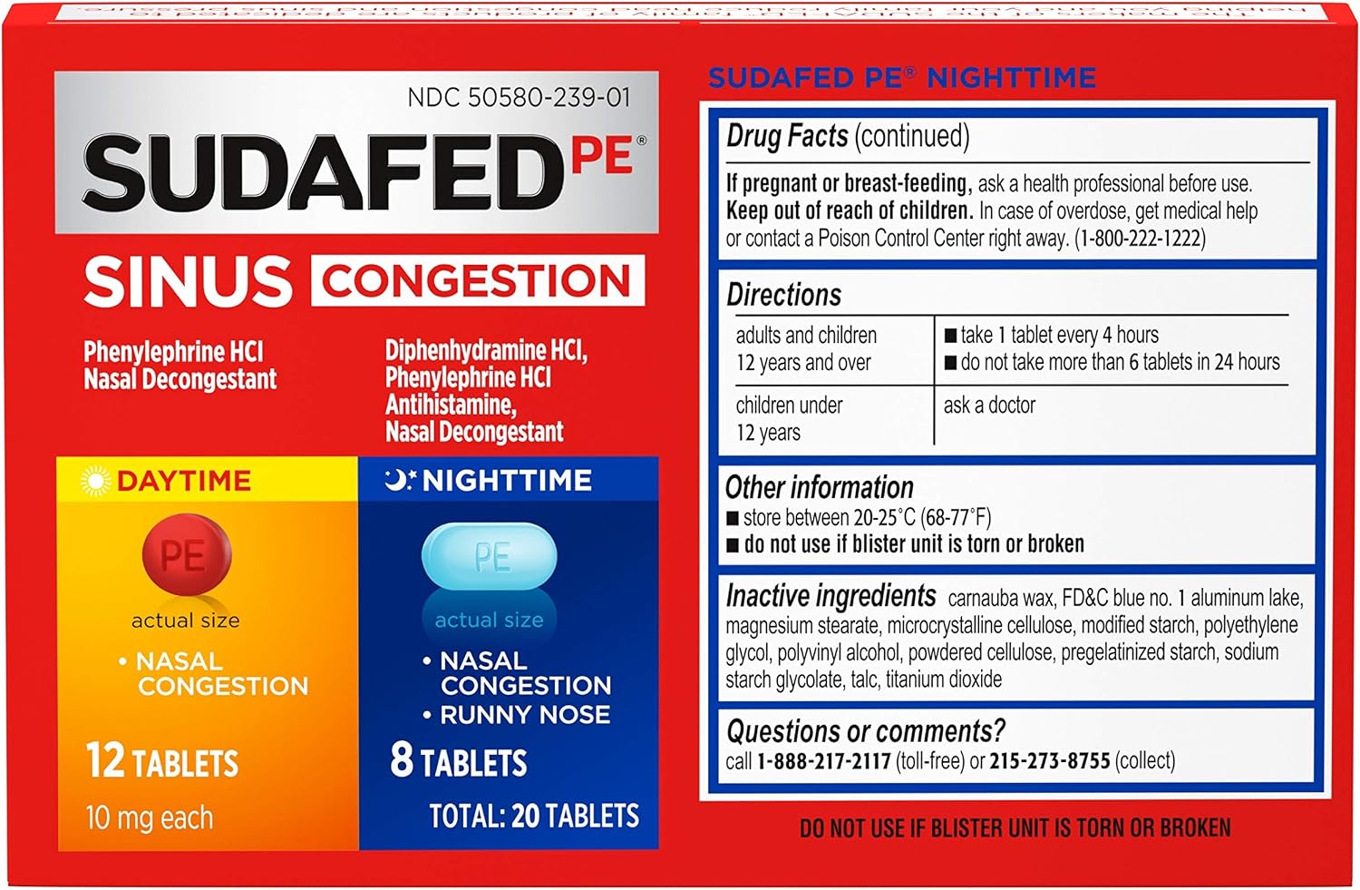 Sudafed PE Day + Night Tablets, Phenylephrine HCl, 20 ct | Diphenhydramine HCl, Maximum Strength Decongestant & Antihistamine