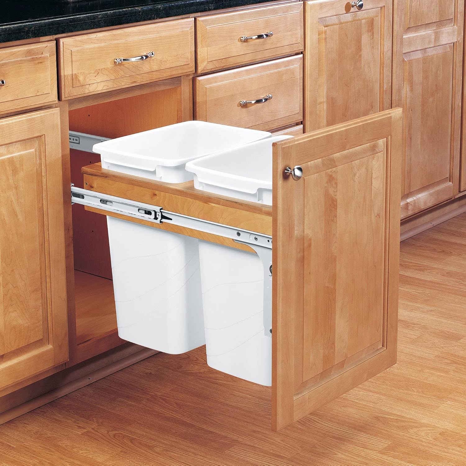 Rev-A-Shelf Top Mount Double Pullout Under Cabinet 50 Quart Kitchen Trash Cans w/Soft-Close for Full Height Cabinet, 150 Pound Rated Full-Extension Slides, 4WCTM-2150BBSCDM-2