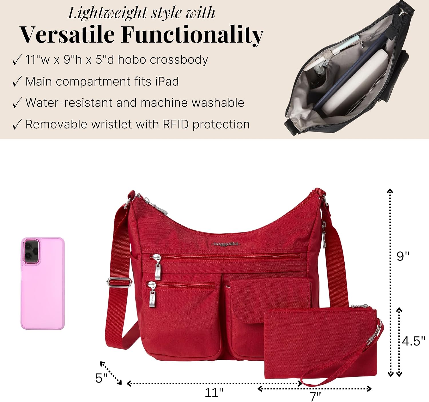 Baggallini womens Everywhere Bagg Crossbody Women 11x9 Lightweight Nylon Hobo Water-resistant Travel Bag W/Rfid