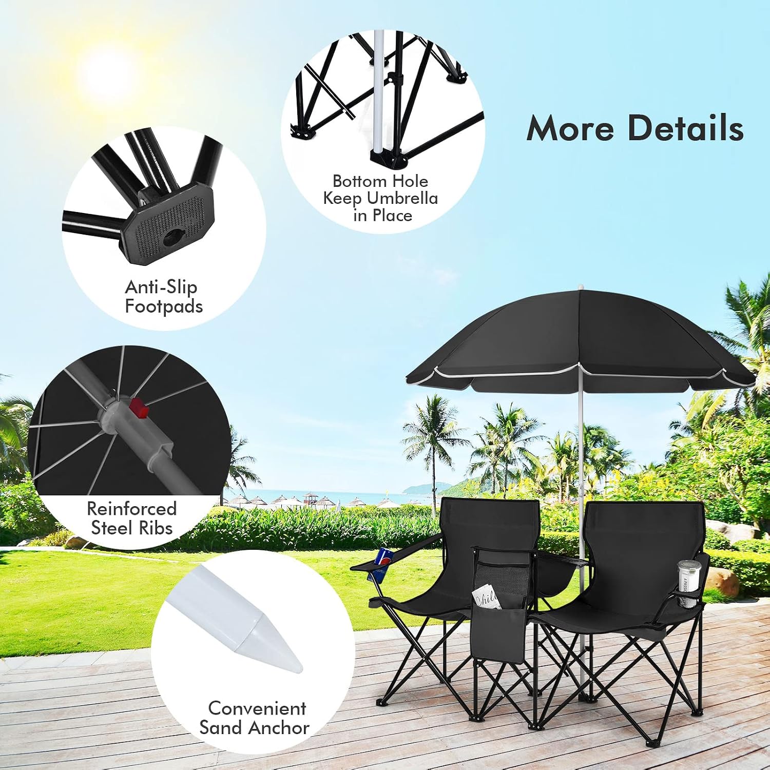 COSTWAY Double Portable Picnic Chairs, Folding Camping Chairs w/Detachable Umbrella, Cooler Bag, Cup Holders, Patio Beach Camping Chairs for Outdoors, Blue | Detachable Umbrella, Cooler Bag, Cup Holders, Patio Beach Camping Chairs for Outdoors, Blue