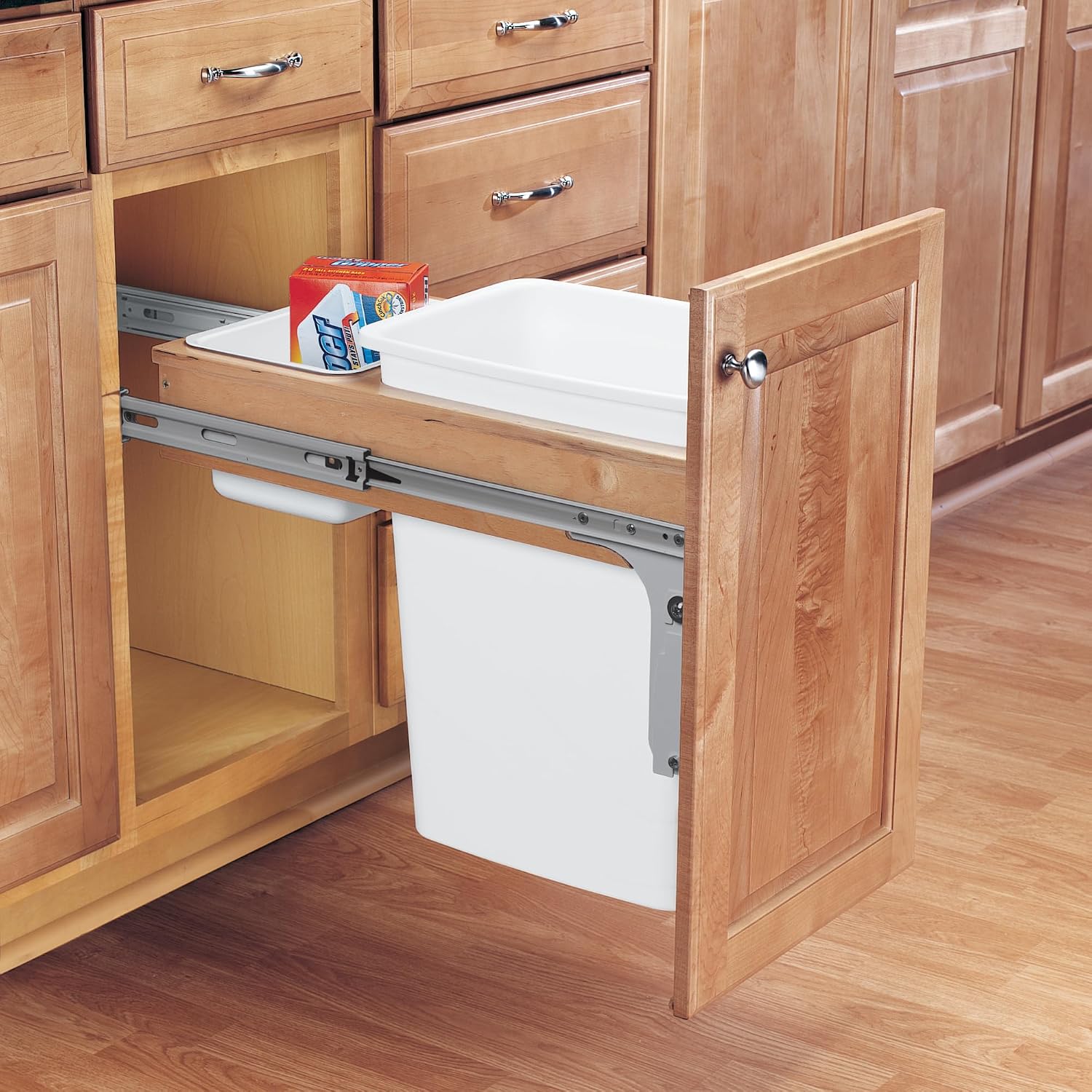 Rev-A-Shelf 35 Qt Top Mount Double Pullout Under Cabinet Kitchen Trash Cans for Base Cabinets, 150 Pound Rated Full-Extension Slides, Min Opening Width of 14.75", White, 4WCTM-18DM2-162