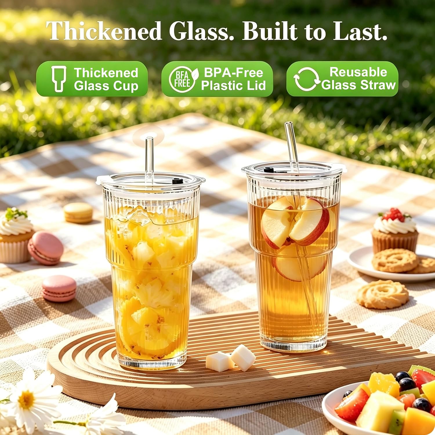 Glass Cups with Lids and Straws, 2Pcs 20oz Glass Coffee Cups Leak Proof | Ribbed Thick Reusable Glass Tumbler with Straw and Lid, Fits Car Cup Holder