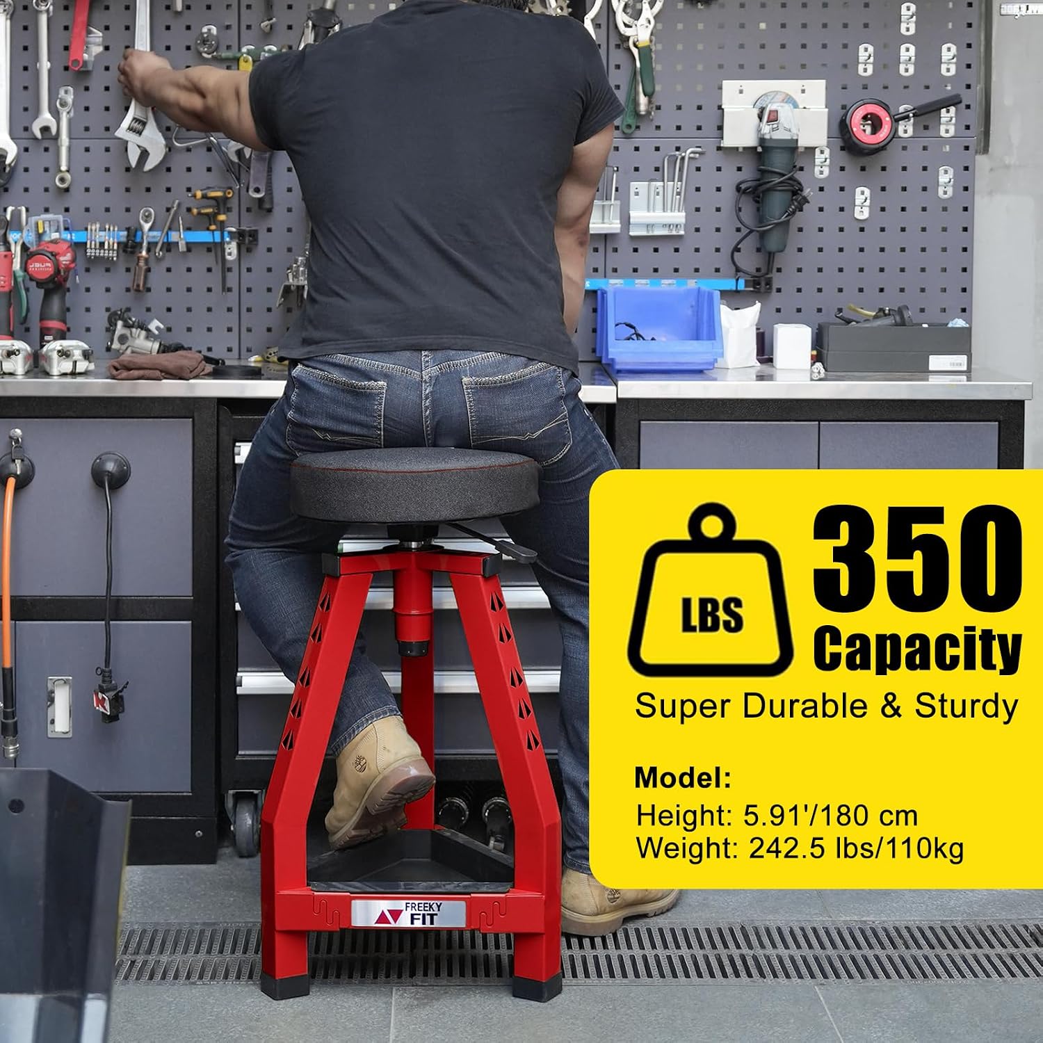 Adjustable Shop Stool,Garage Mechanic Stool Chair,Work Seat for Workshop, Adjustable Height, 360° Swivel Padded Square Seat,Tool Storage, 350 LBS Capacity, Heavy Duty, Blue