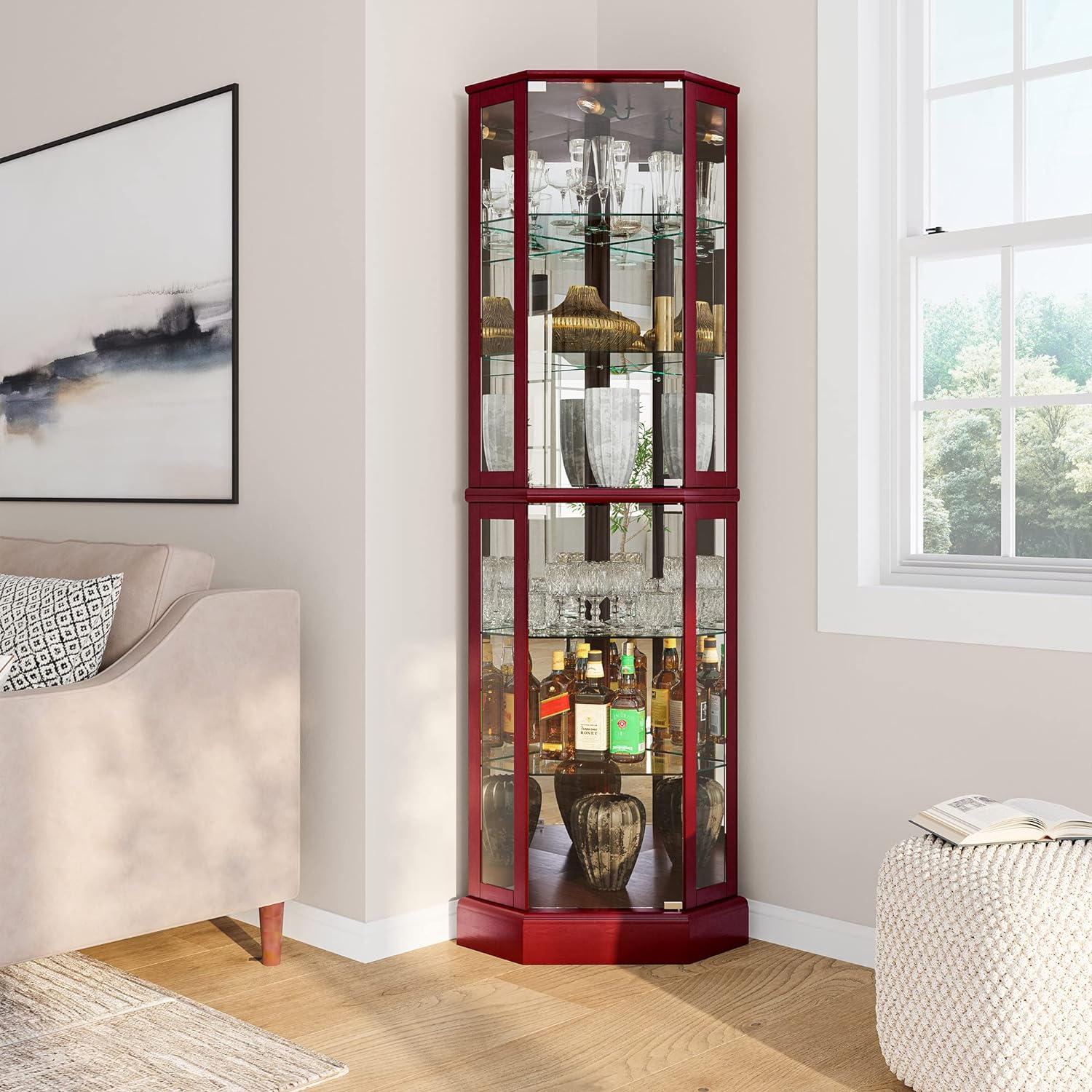 BELLEZE Lighted Corner Display Curio Cabinet Wooden Curved Shelving Unit with Tempered Glass Door