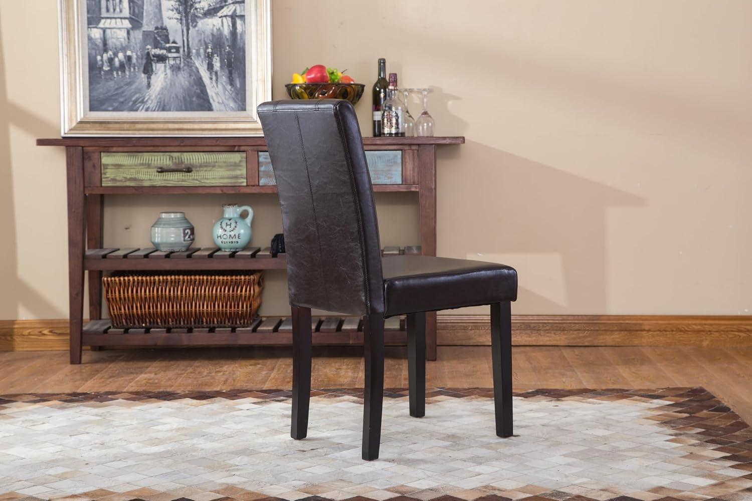 Roundhill Furniture C020BR Urban Style Solid Wood Leatherette Padded Parson Chair, Brown, Set of 2