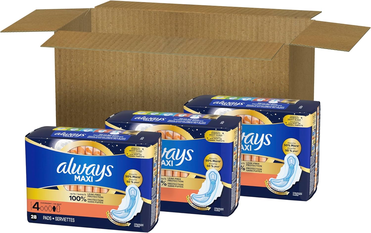 Always Maxi Overnight Feminine Pads with Wings for Women, Size 4, Overnight Absorbency, Unscented, Up to 100% Leak-Free Protection, 48 Count