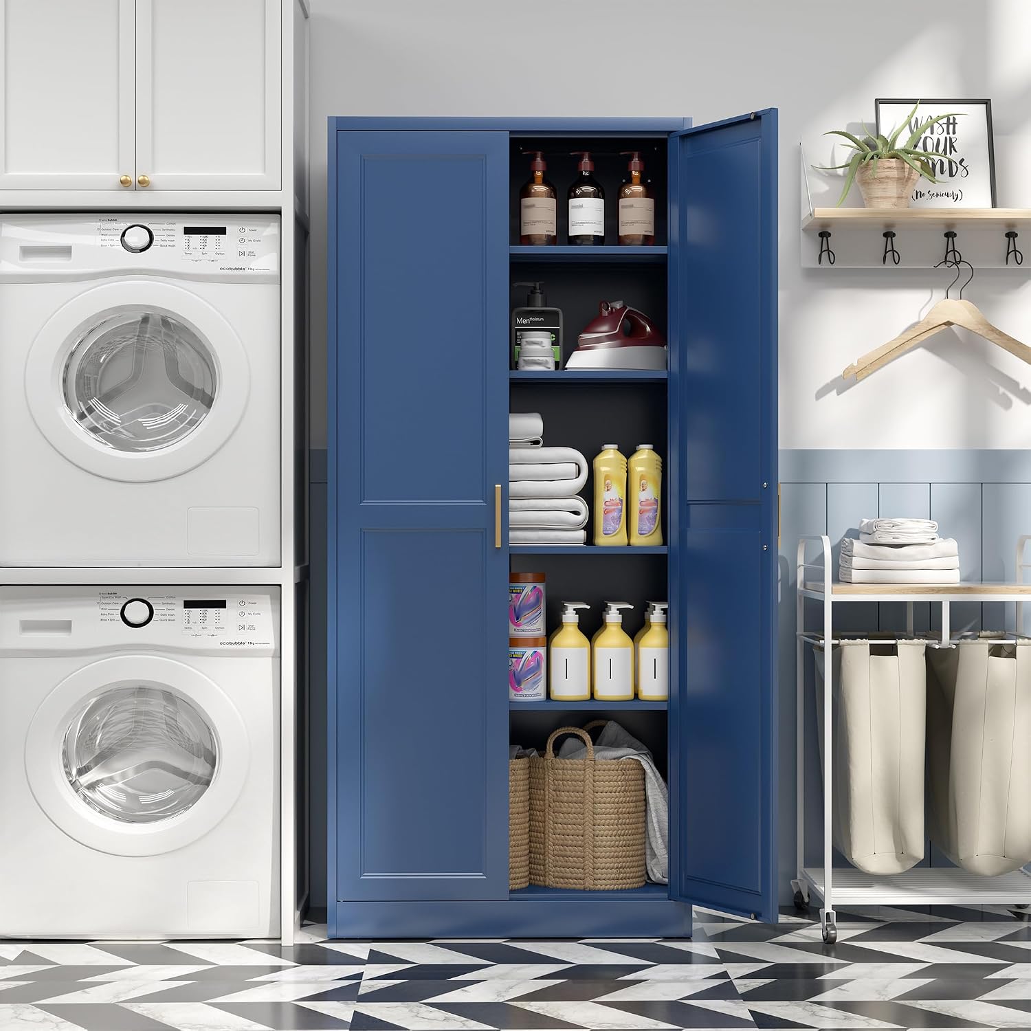 Steeloong 71"Metal Pantry Storage Cabinet with Doors & 4 Adjustable Shelves | Kitchen Pantry Cabinet,White Kitchen Cabinet with 2 Gold Handles,Tall Cabinet for Livingroom,Pantry, Bathroom,Kitchen