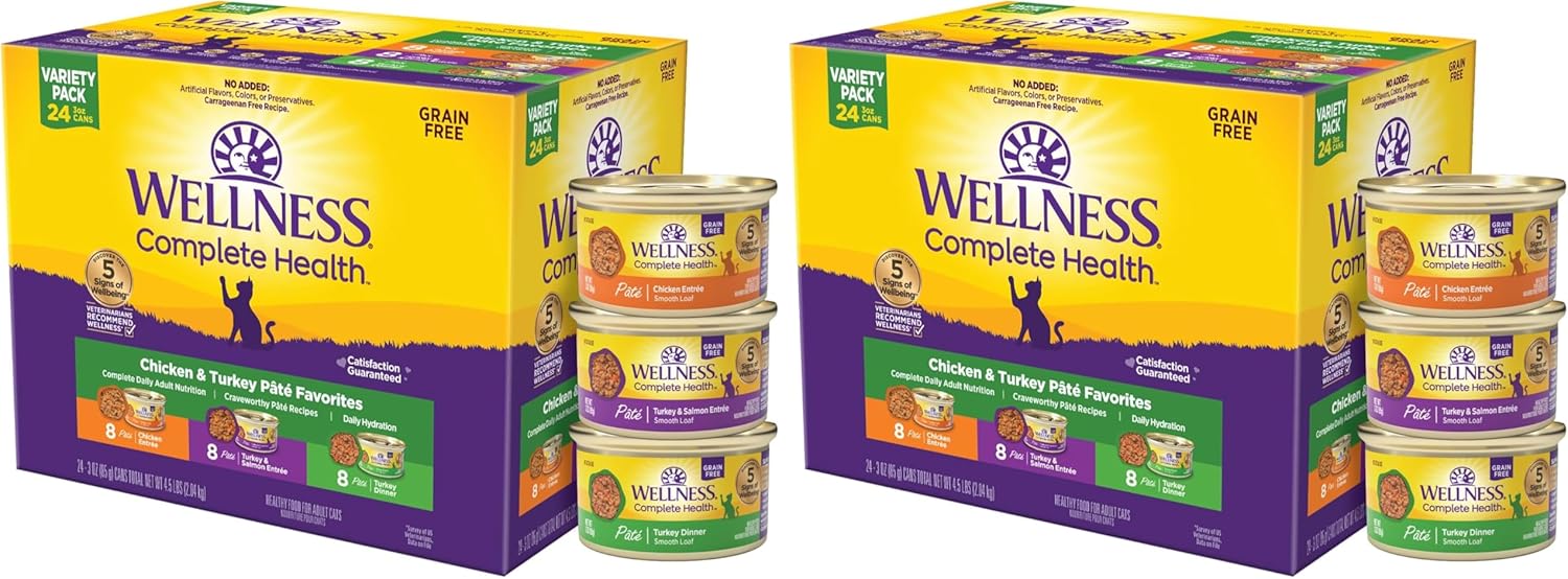 Wellness Complete Health Pate Variety Pack Adult Canned Wet Cat Food, Natural, Protein Rich, Grain Free, Chicken and Turkey Favorites, 3 oz