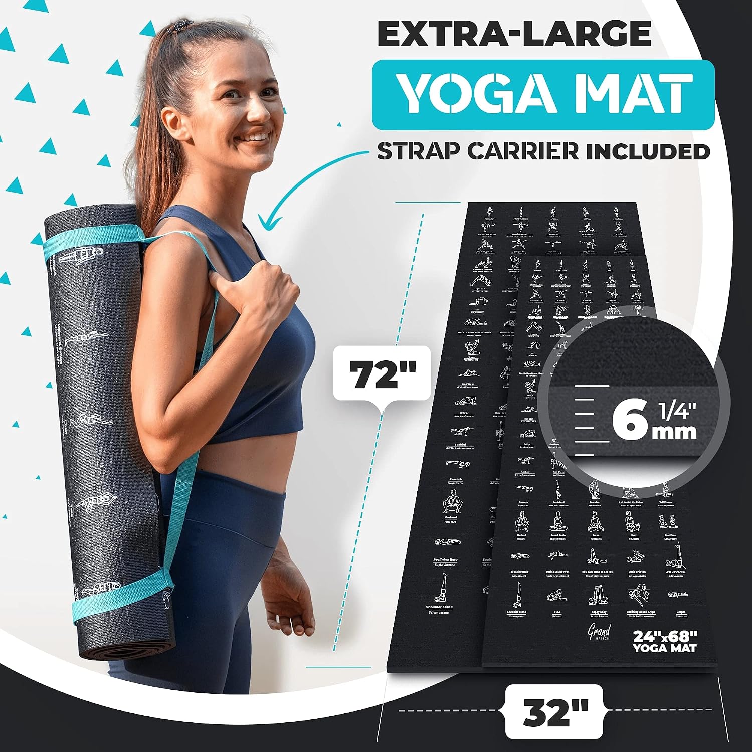 Instructional Yoga Mat with Carrying Strap: Cute Yoga Mat with 75 Illustrated Yoga Poses + 75 Easily-Followed Stretching Exercises - 1/4” Thick