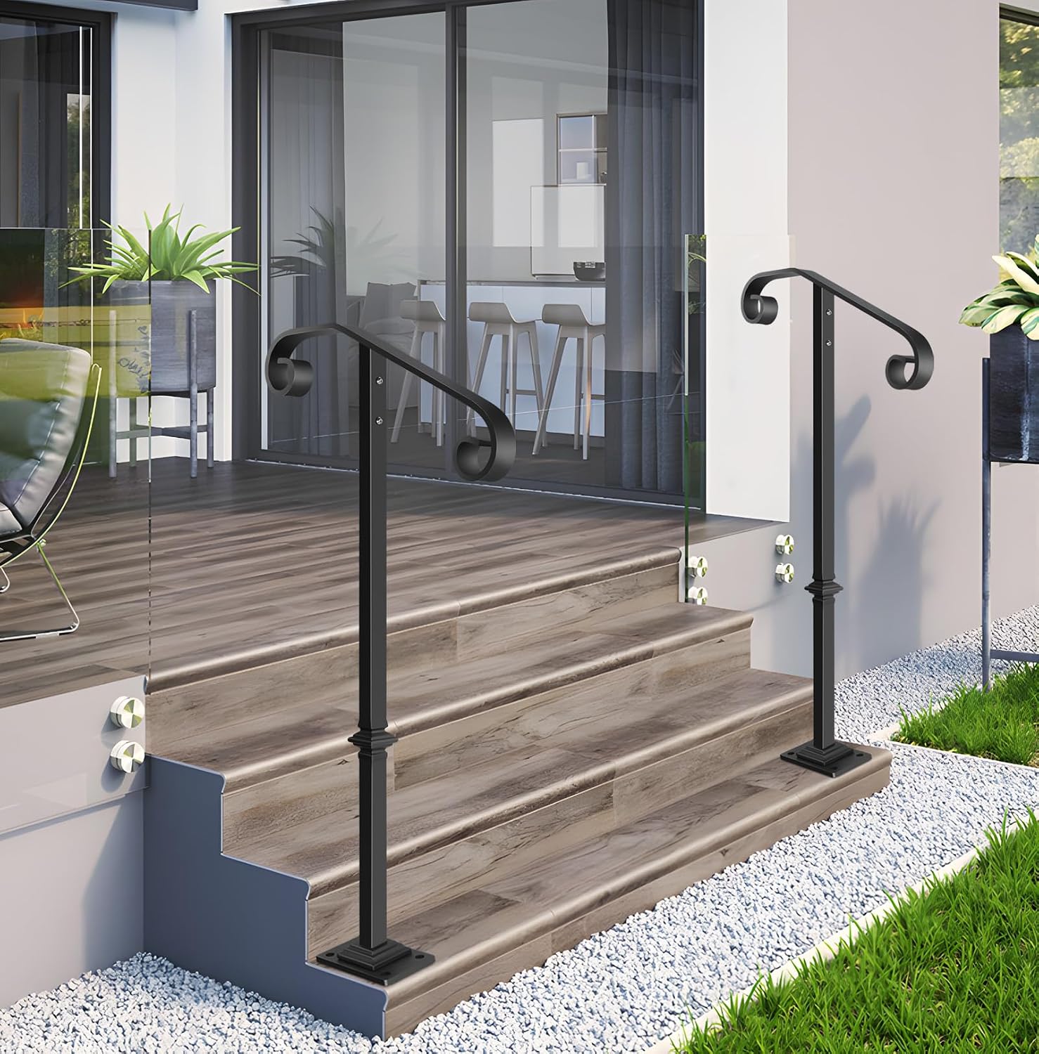 Wrought Iron Handrail 38.8" H, Single Post Handrail Fits 1 or 2 Steps