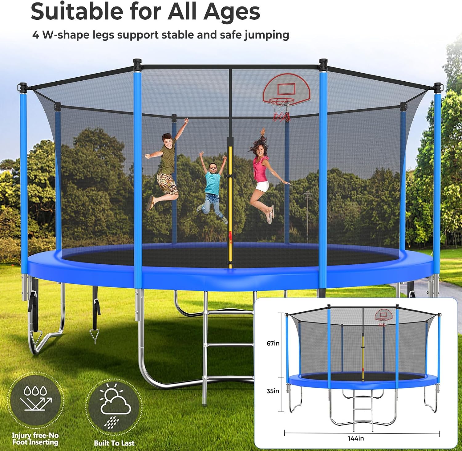 10 12 14 16FT Trampoline Outdoor, Light/Sprinkler/Basketball Hoop | Large Recreational Trampoline for Kids and Adults, Heavy Duty Yard Trampolines with Enclosure Net, ASTM Approval