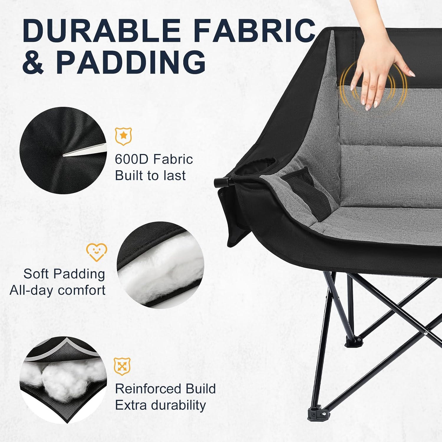 Oversized Camping Chairs for Adult - Heavy Duty Padded Portable Folding Chair XL Collapsible Camp Chair with Cup Holder Side Pocket for Outdoor Lawn Beach Sport Fishing Support 500LBS, Grey