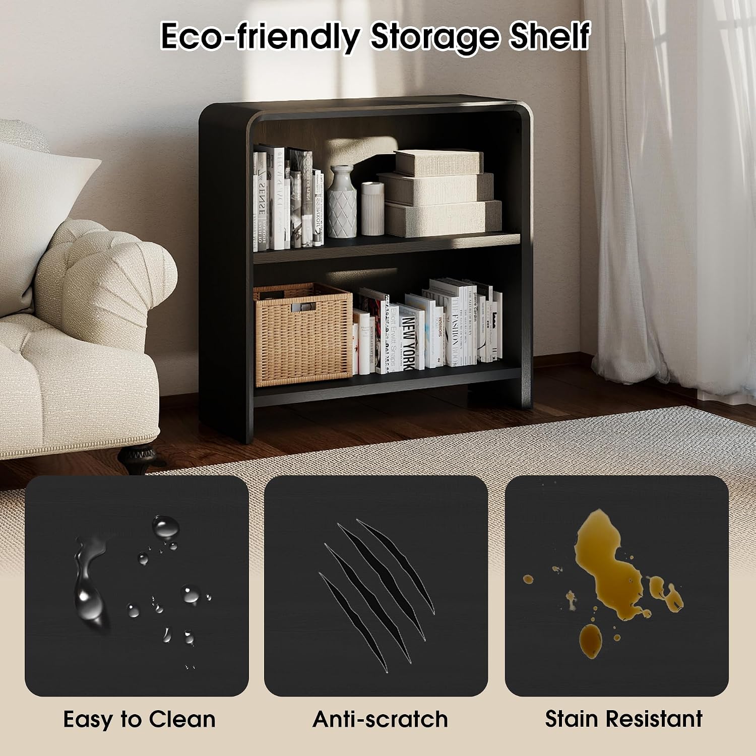 Bevfint 44" Bookcase Tall 3 Shelves Wood Bookshelf with Curved Soft Edges, Heavy Duty Storage Cabinet for Professional Home Office and Living Room, Modern Natural Oak Grain Finish