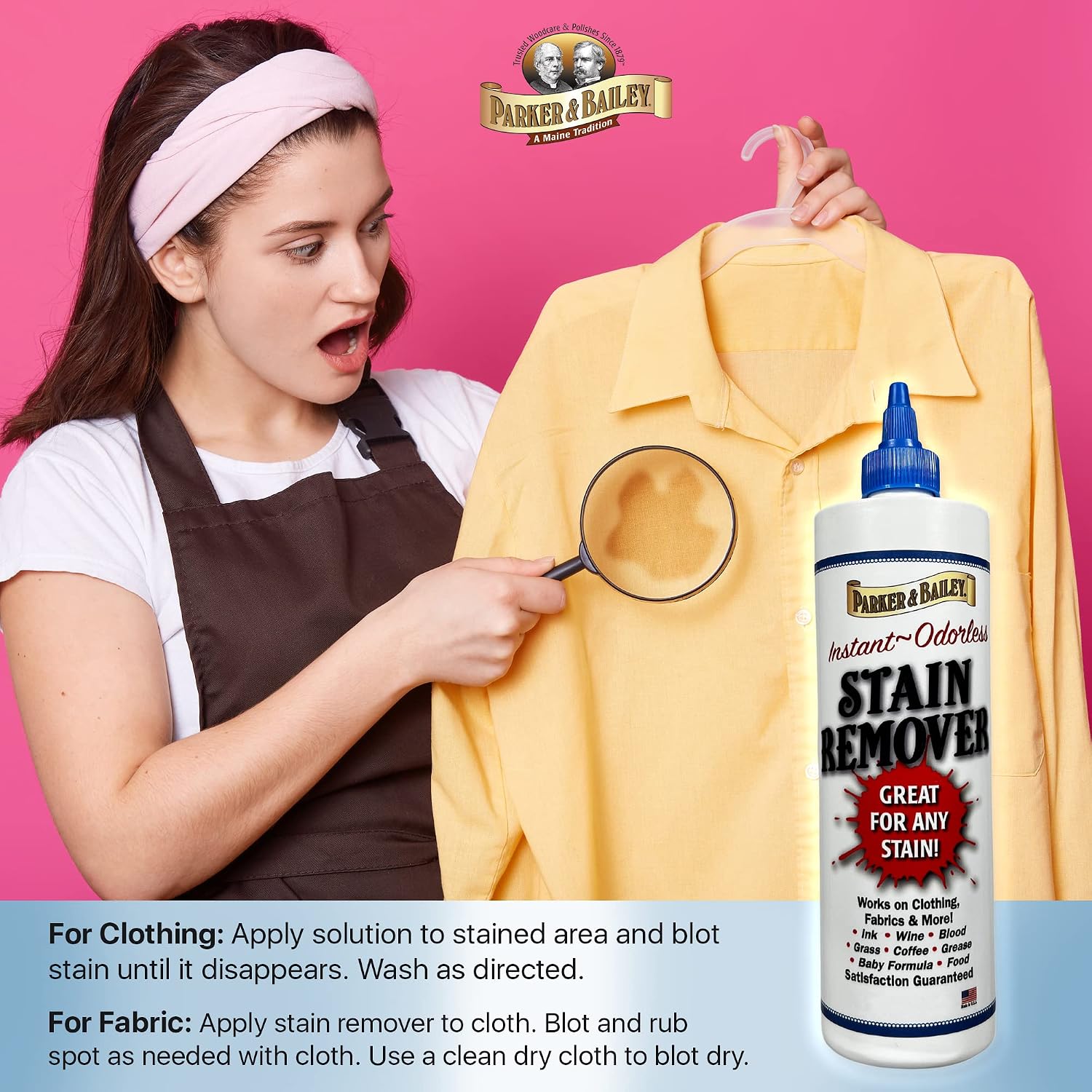 Parker & Bailey Liquid Stain Remover - Instant Stain Removal on Laundry Clothing Fabric Ink Grease Blood Grass Coffee Wine Food Carpet Upholstery Spot Cleaner Odor Free Detergent Booster, 8oz