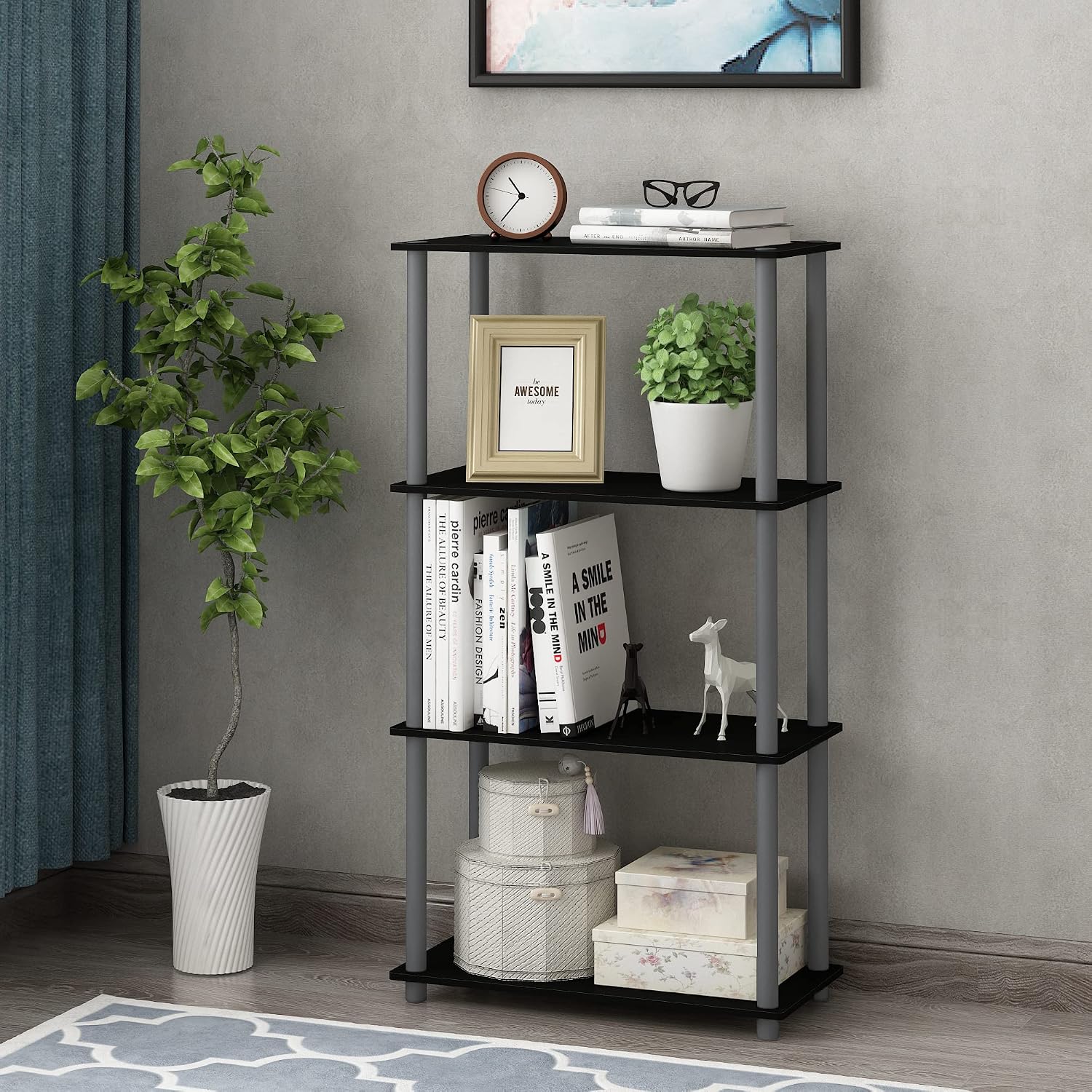 Furinno TURN-N-TUBE Storage Shelves, 3-Tier 47.4 Wide Book Shelf, Corner Shelf, Toolless Open Shelves, for Organization and Storage, Living Room, Garage, Home Office, Black