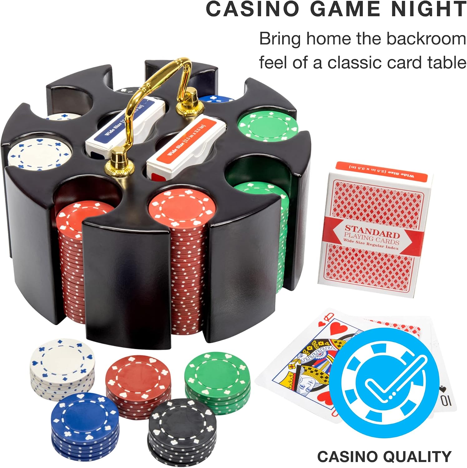 Brybelly Poker Chips - Poker Set with Wood Carousel Case for Casino Party, Texas Holdem, Blackjack and Family Game Night - 200 Count