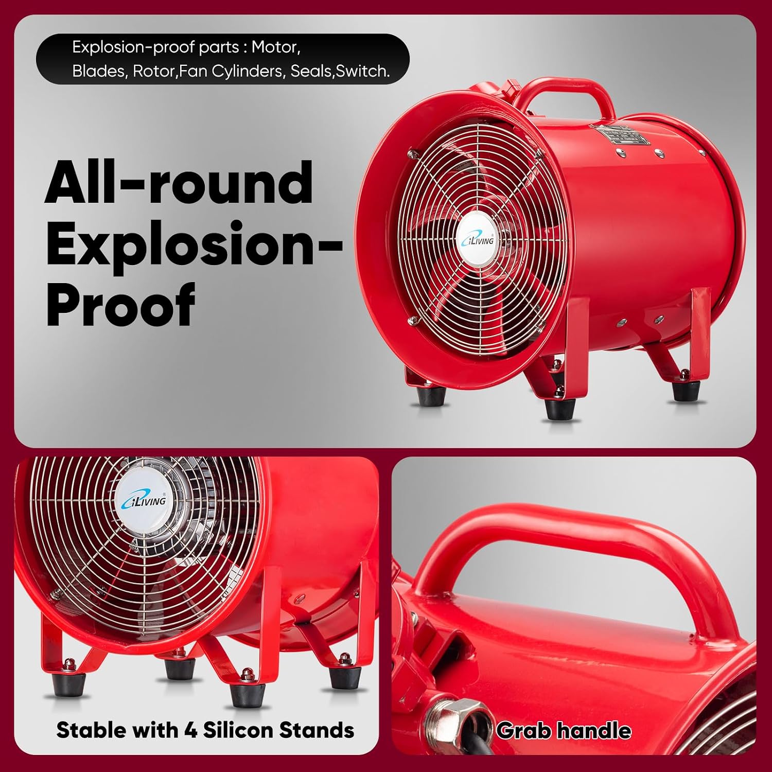 iLiving - ILG8EF12EX Explosion Proof Utility High Velocity Blower, Fume Extractor, Portable Exhaust and Ventilator Fan, Air Ventilation with 2720 CFM