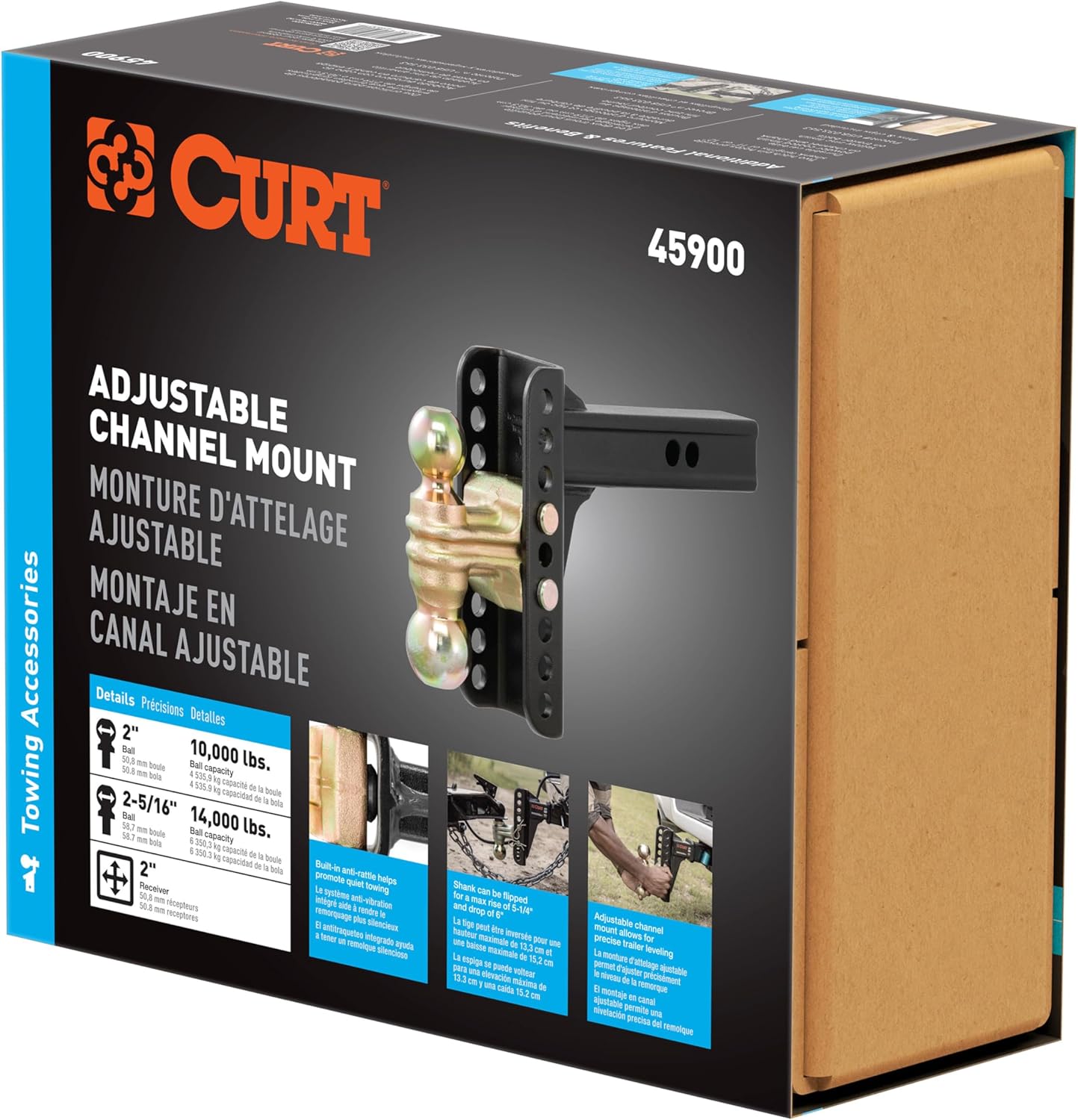 CURT 45900 Adjustable Dual-Ball Channel Mount, 2" Shank, 6" Drop | 2" Ball Rated 10, 000 lb, 2-5/16" Ball Rated 14, 000 lb, 5-1/4" Rise