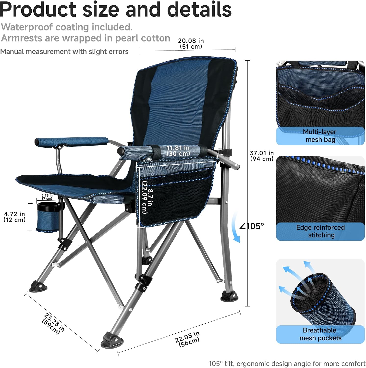 Adjustable Back Folding Camping Chair for Camp, Picnic, Lawn, Fishing | Adjustable Back; Weight Capacity 400 LBS;Hard Arm Portable Chair;Cup Holder;Storage Bag;carrying bag
