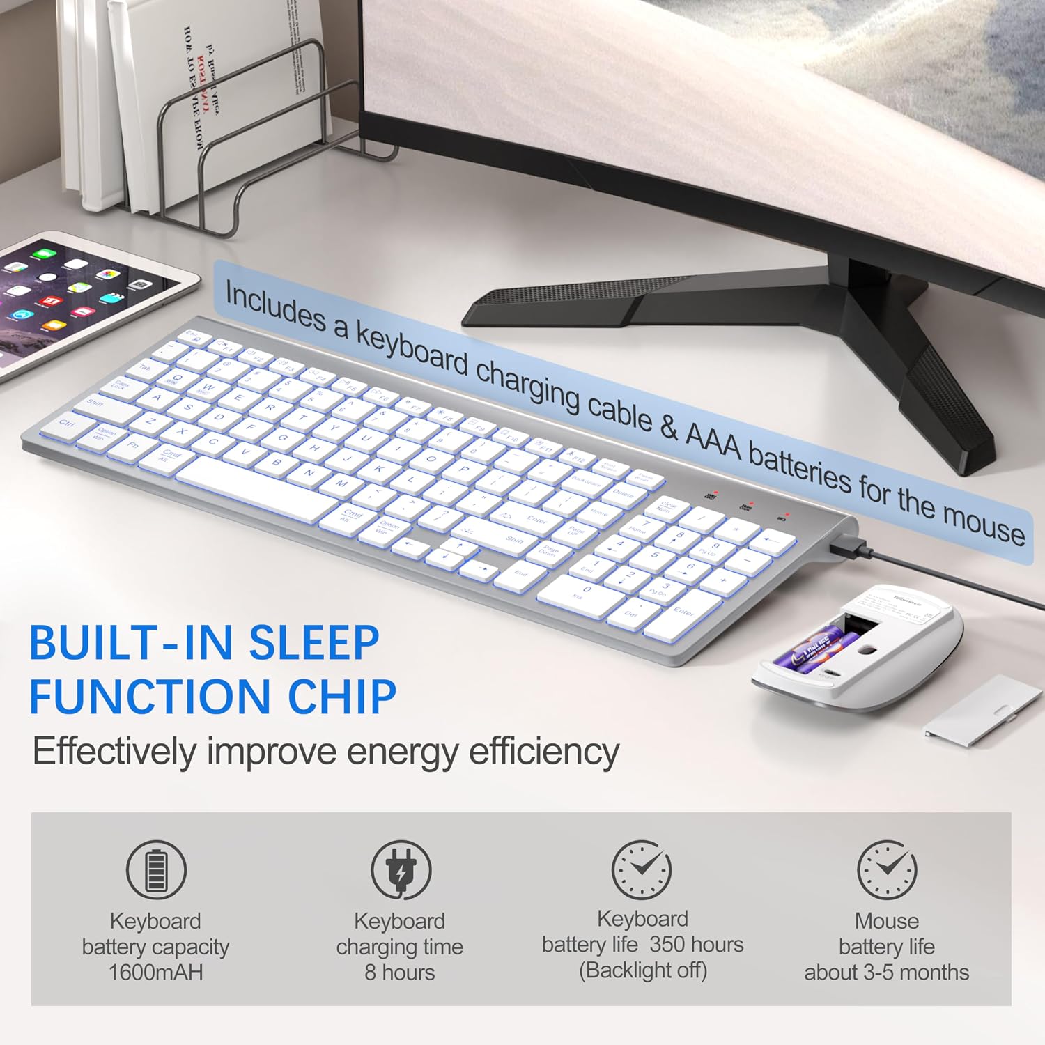 Wireless Keyboard and Mouse Ultra Slim Combo, TopMate - White | 2.4G Silent Compact 2400DPI Mouse and Scissor Switch Keyboard Set with Cover, Batteries Included, for PC/Laptop/Windows/Mac