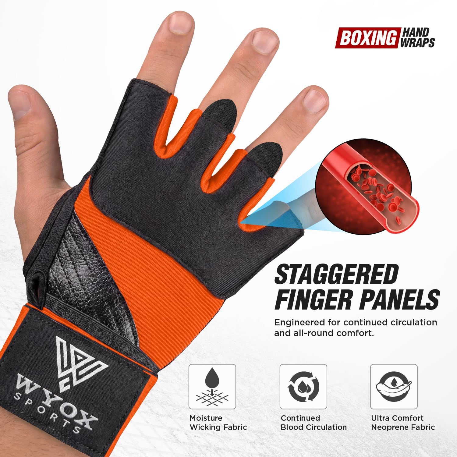 WYOX Neoprene Gel Boxing Hand Wraps Inner Gloves for Men & Women – 80cm/31in Quick Wrist Strap, Padded Knuckle Protection