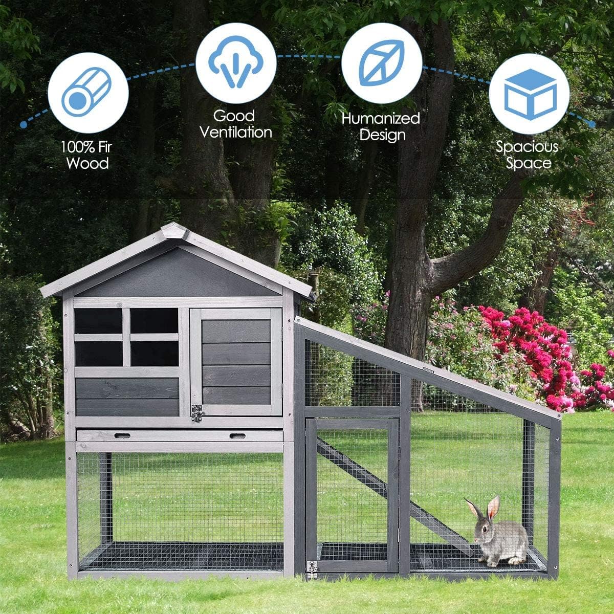 Tangkula Rabbit Hutch Indoor Outdoor, Wooden Chicken Coop, Bunny Hutch with Run, Ventilation Door, Removable Tray, Ramp, Sunlight Panel