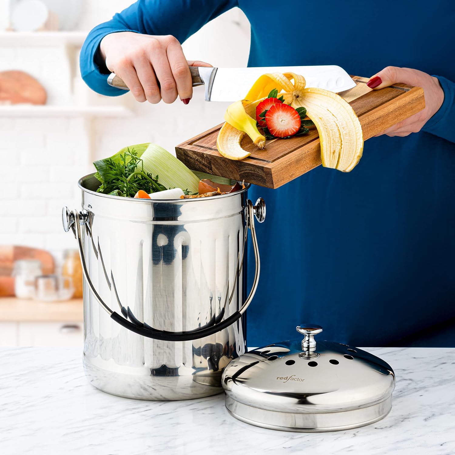RED FACTOR Premium Compost Bin for Kitchen Countertop - Stainless Steel Food Waste Bucket with Innovative Dual Filter Technology - Includes Spare