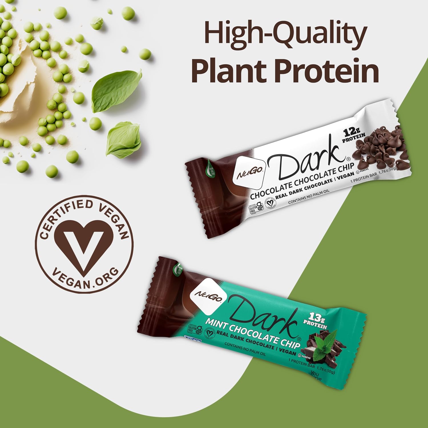 NuGo Dark, Mint Chocolate Chip, 13g Vegan Protein Bar, Gluten Free, 24 CT