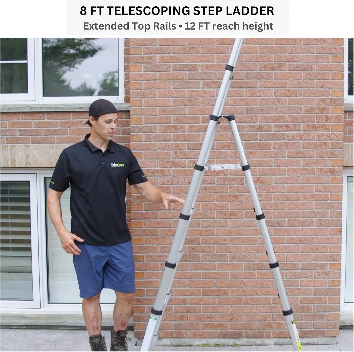 Telesteps 12ES Telescoping A-Frame Ladder – 8 ft Height, 12 ft Reach | Type 1AA 375 lb Rated | Compact Folding Aluminum Ladder with Stair Offset