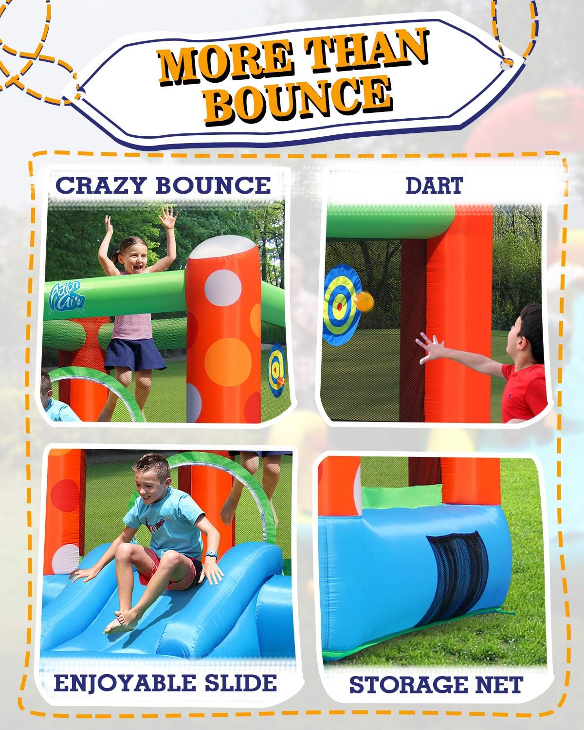 ACTION AIR Bounce House, Inflatable Bounce House with Air Blower, Bouncy Castle with Durable Sewn and Extra Thick, Family Backyard Jump House