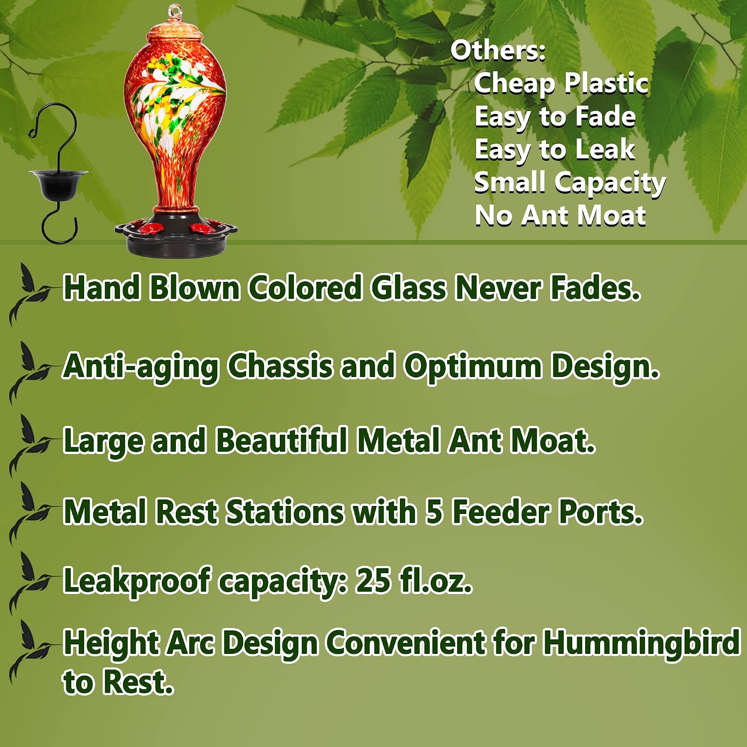 LUJII Hummingbird Feeder, Hand Blown Glass Hummingbird Feeder, Never Fade, 36 Fluid Ounces, 5 Feeding Metal Stations, Much Bigger, Garden Backyard Decorative, Containing Ant Moat (Blue)