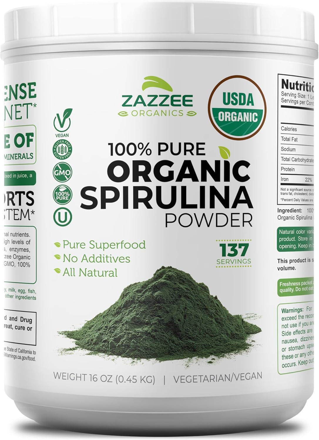 Zazzee USDA Organic Spirulina Powder, 2.2 Pounds (1 KG), 303 Servings | Certified Kosher, 100% Pure, Non-Irradiated, Mess-Free Wide Mouth Container, Fresh Smell, Neutral Taste, Non-GMO, Made in USA