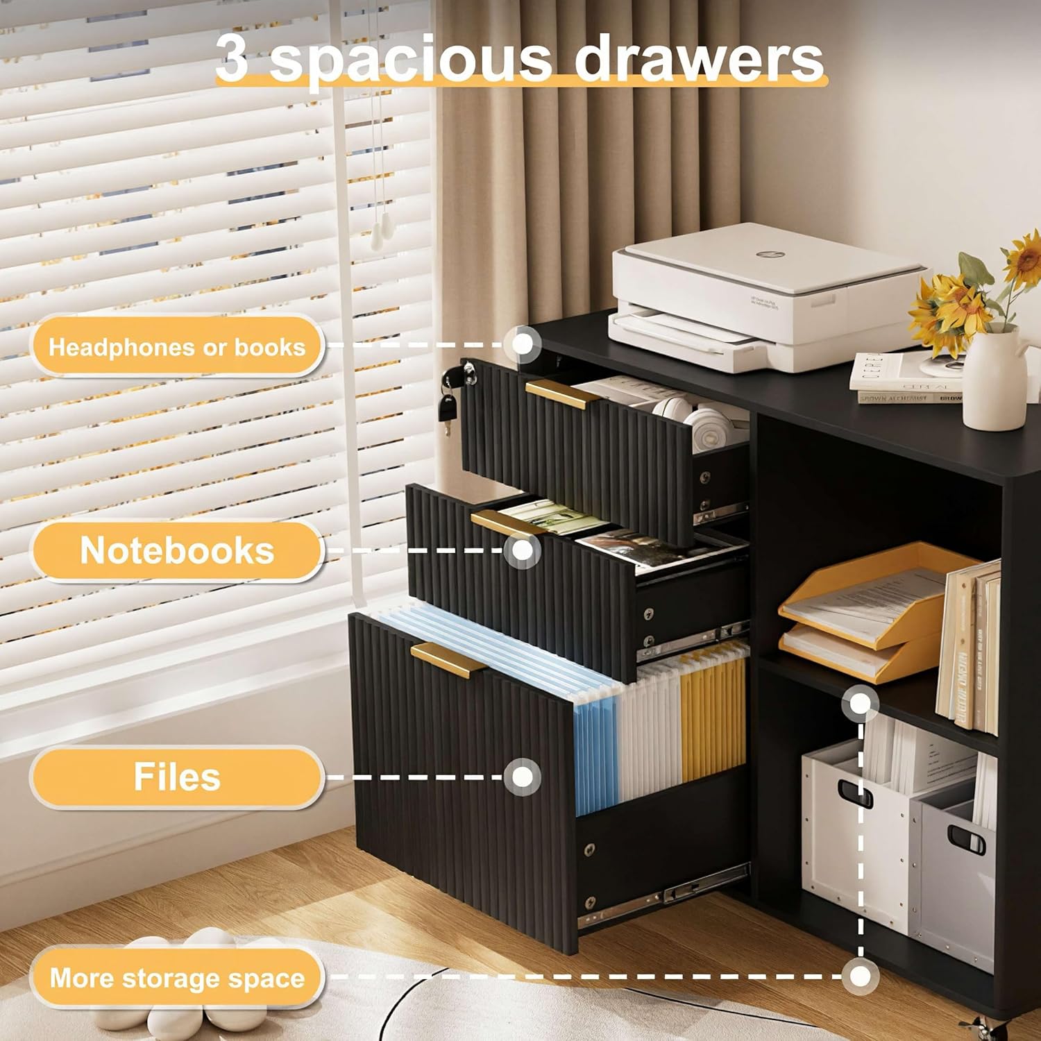 3 Drawer Fluted Mobile Filing Cabinet with Lock, Lateral Rolling Under Desk File Cabinet, Wooden Printer Stand Table for Home Office Essentials Storage Organization Furniture Letters/A4(Oak)