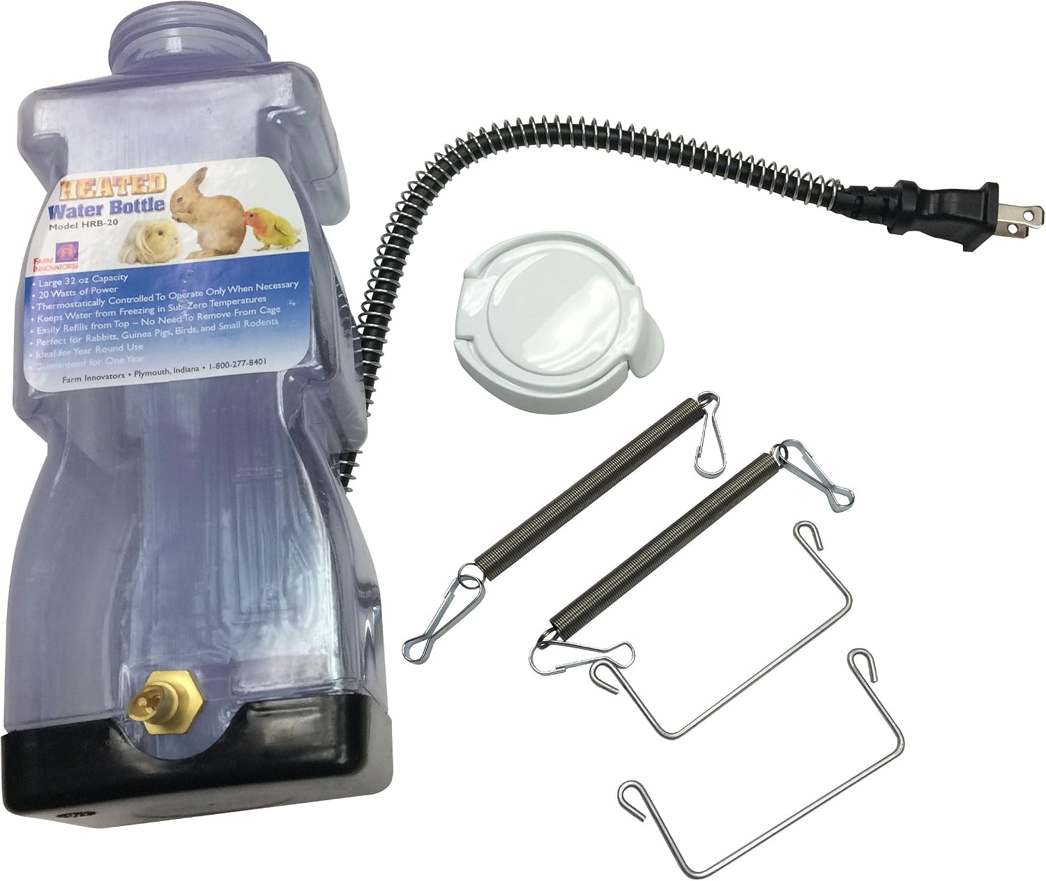 Farm Innovators HRB-20 Heated 32-Oz Water Bottle for Small Animals | Thermostatically controlled to operate only when necessary, for rabbits, guinea pigs, birds, and small rodents, 20W