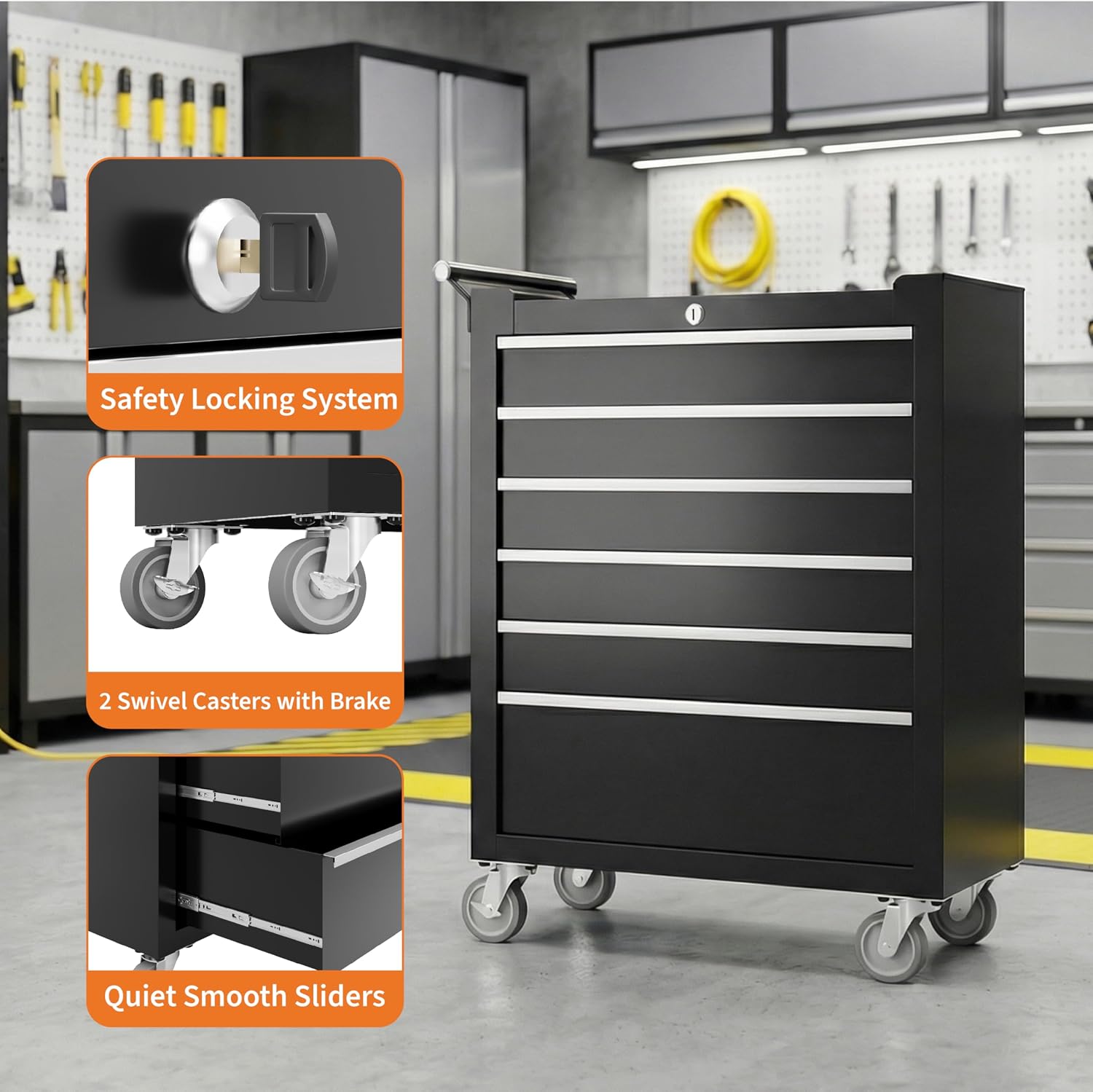 Rolling Tool Chest with Wheels, 5 Drawer Tool Storage Cabinet, Portable Toolbox Organizer with Lock, Heavy Duty Tool Chest Cart for Garage, Mechanic, Workshop, Shop, Mobile Tool Organizer, Black