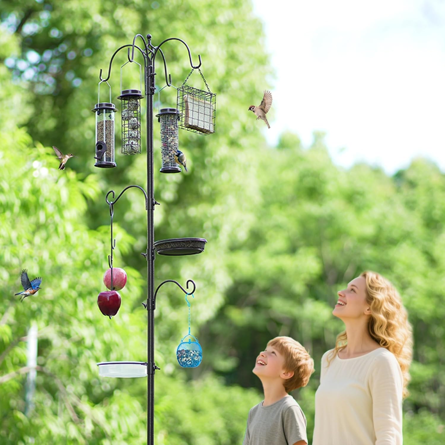 Deluxe Bird Feeding Station Kit with Multi Feeder Hanging Pole, Metal Suet Feeder, Bird Bath