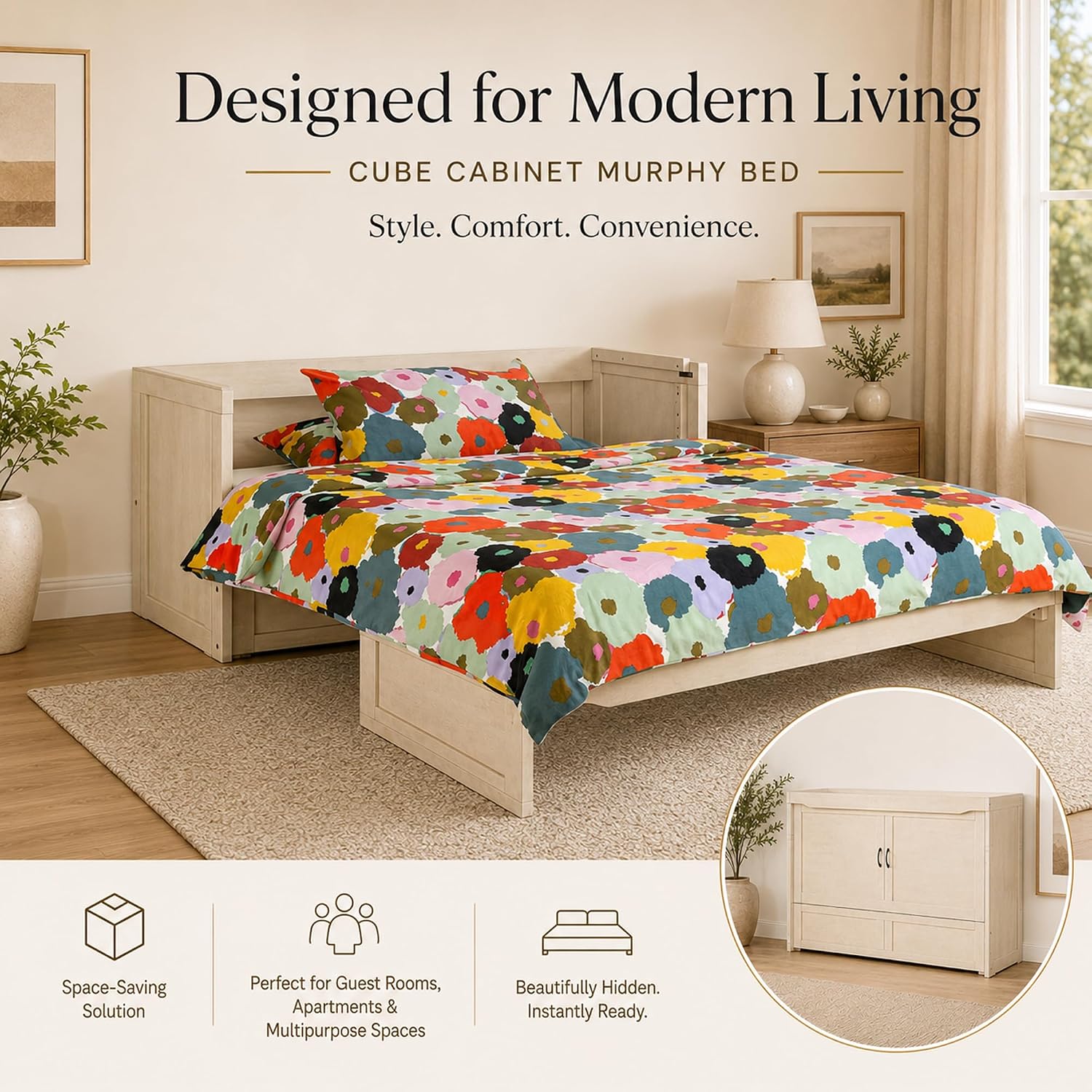 NIGHT & DAY Furniture Murphy Cube Cabinet Bed Pre-Assembled (Cherry, Queen) | Pre-Assembled