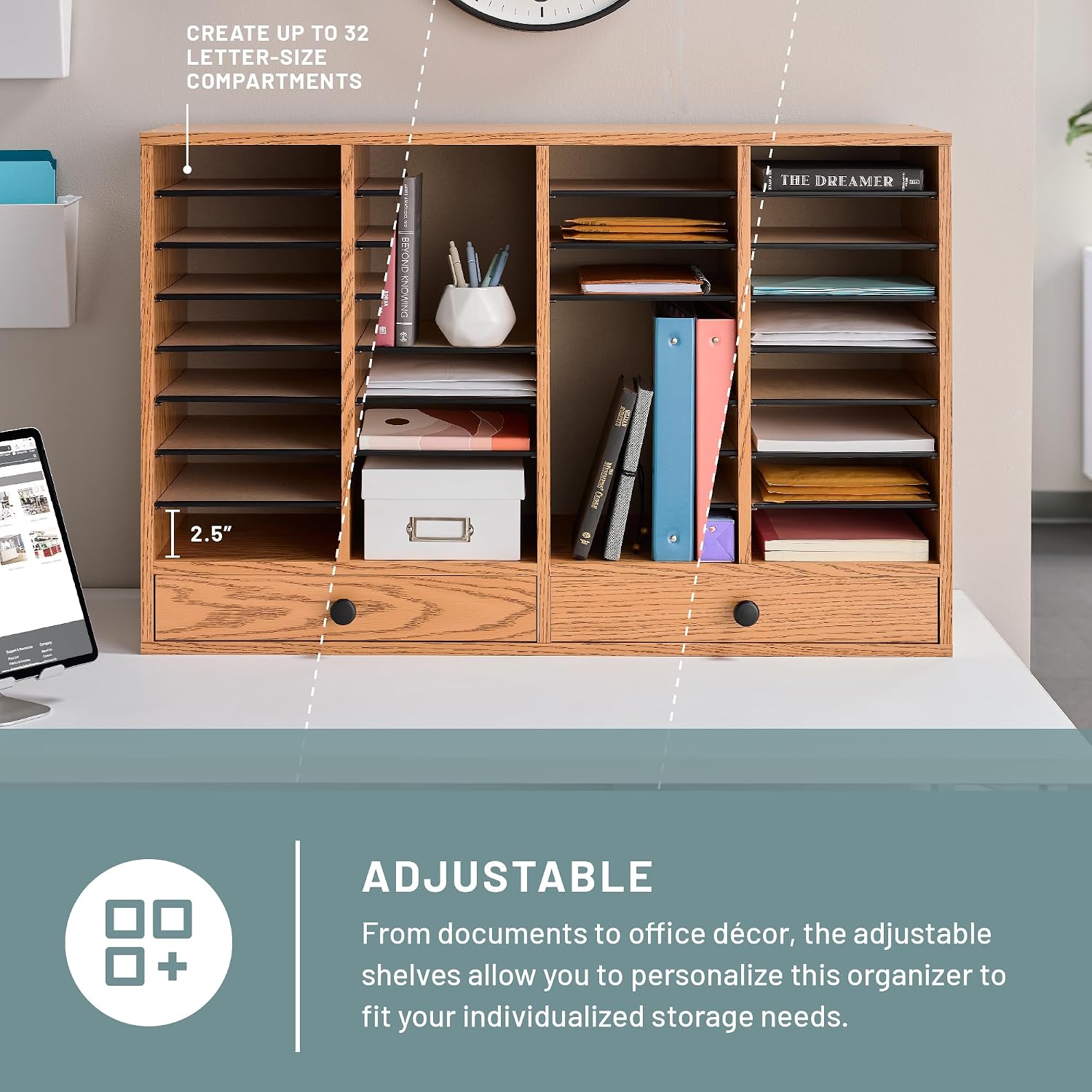 Safco Wooden Paper and Mail Organizer for Home Office and Classroom, Adjustable Shelves and Stackable, 12 Compartments with Drawers, Modern Gray