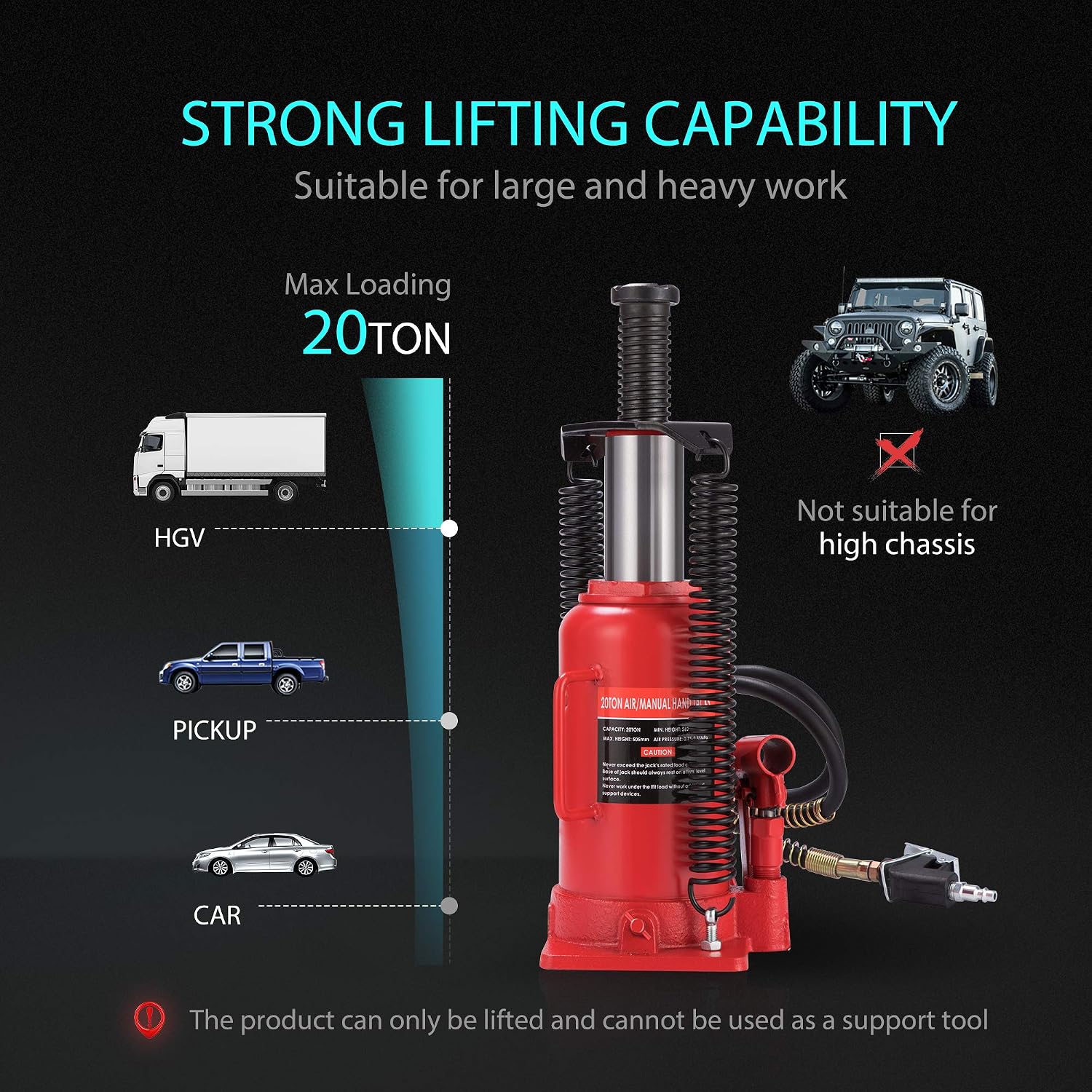 SPECSTAR Pneumatic Air Hydraulic Bottle Jack with Manual Hand Pump 20 Ton