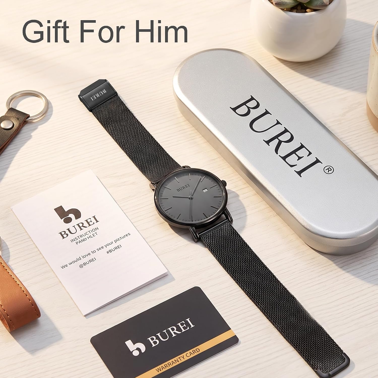BUREI Men Wrist Watches Fashion Minimalist Thin Analog Quartz Waterproof Watches for Men, Refined Gifts for Men, Boyfriend, Husband, Dad