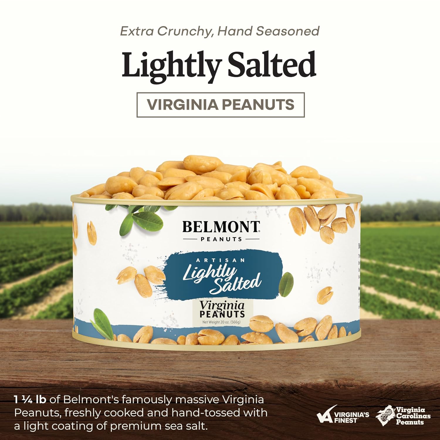 Belmont Peanuts Gourmet Sea-Salted Virginia Peanuts, 20 oz (1 Pack) – Only 3 Simple Ingredients, No Preservatives, 7g Protein – A Premium, Salty, Crunchy, Hand Seasoned Snack