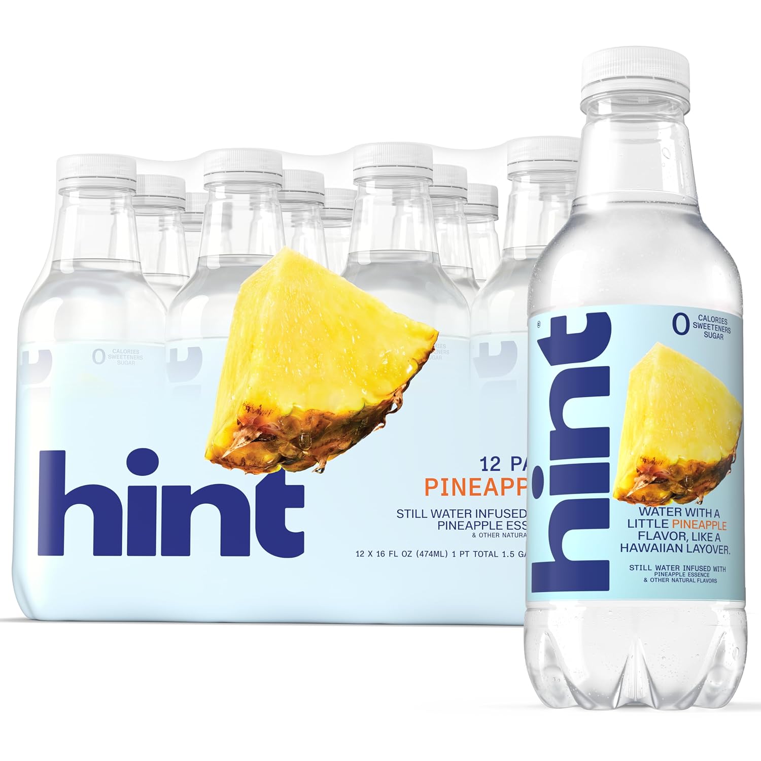 Hint Flavored Water Zero Sugar 0 Calories - Pineapple 16 FL Oz (12 pack) | Crisp, refreshing water, fruit flavors. 0 calories, 0 sugar, 0 sweeteners. Hydration for wellness. Gluten-free, Kosher, Vegan