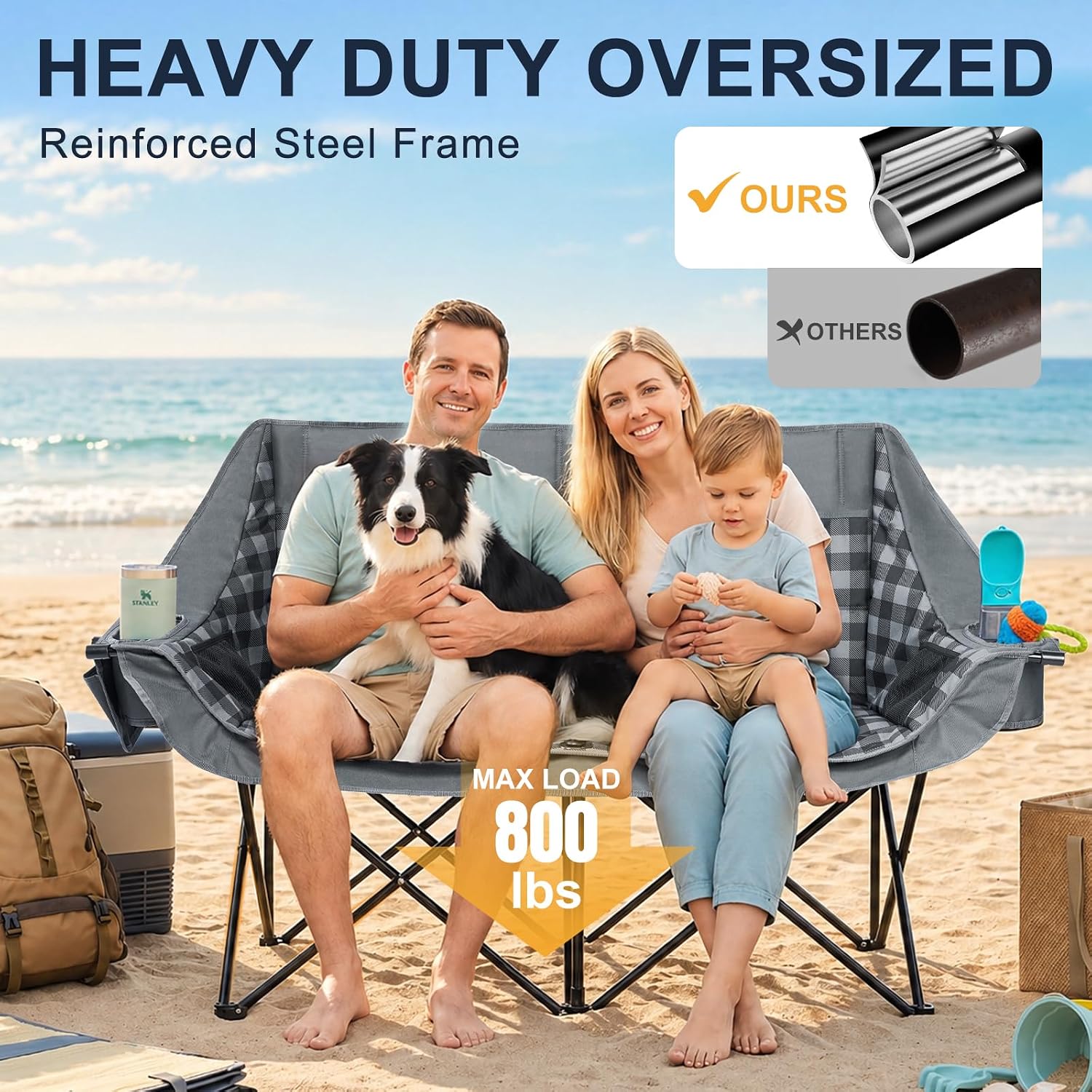 Oversized Camping Chairs for Adult - Heavy Duty Padded Portable Folding Chair XL Collapsible Camp Chair with Cup Holder Side Pocket for Outdoor Lawn Beach Sport Fishing Support 500LBS, Grey