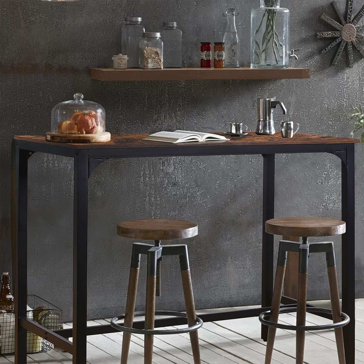 VEIKOU 47'' Industrial Bar Height Table, High Pub Table with Adjustable Legs and Sturdy Metal Frame, Rustic Brown